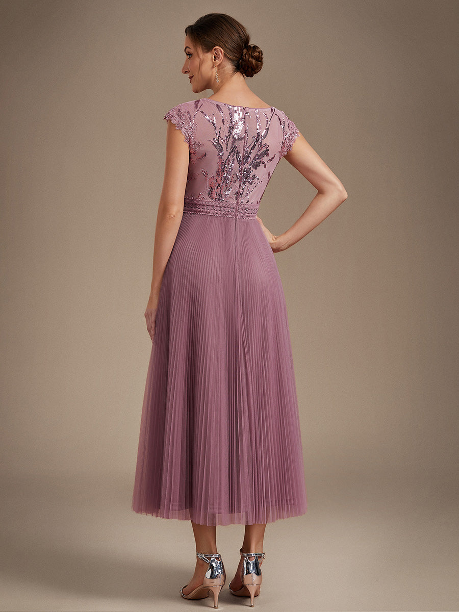 Tea L?nge Rundhals A Linie Pailletten Kleid Mit Sonnenstrahlen Falten Und Durchsichtigen Details Kleid #Farbe_Orchideenviolett