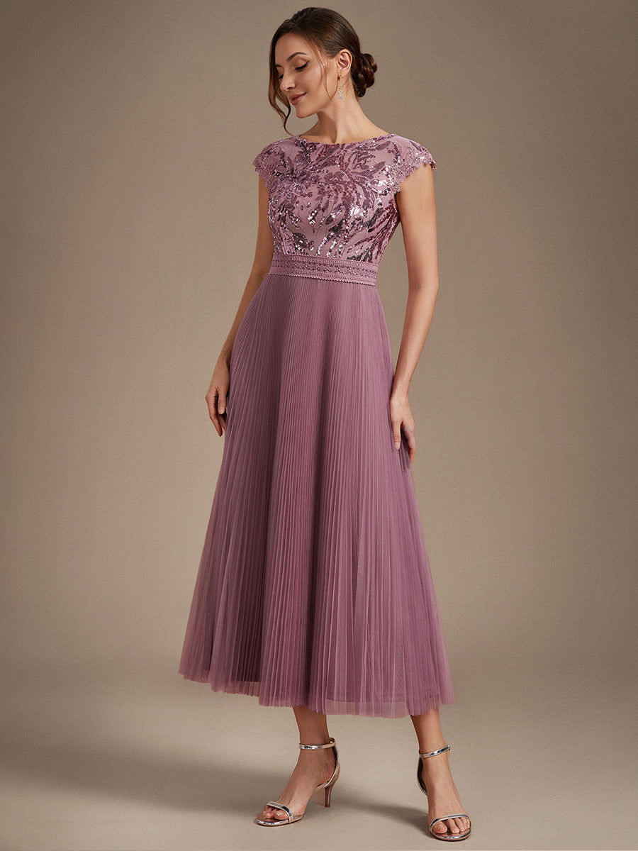 Tea L?nge Rundhals A Linie Pailletten Kleid Mit Sonnenstrahlen Falten Und Durchsichtigen Details Kleid #Farbe_Orchideenviolett