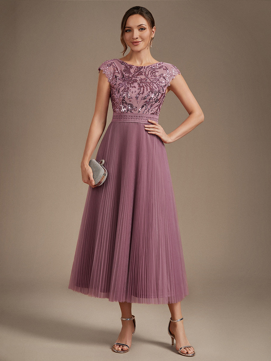 Tea L?nge Rundhals A Linie Pailletten Kleid Mit Sonnenstrahlen Falten Und Durchsichtigen Details Kleid #Farbe_Orchideenviolett