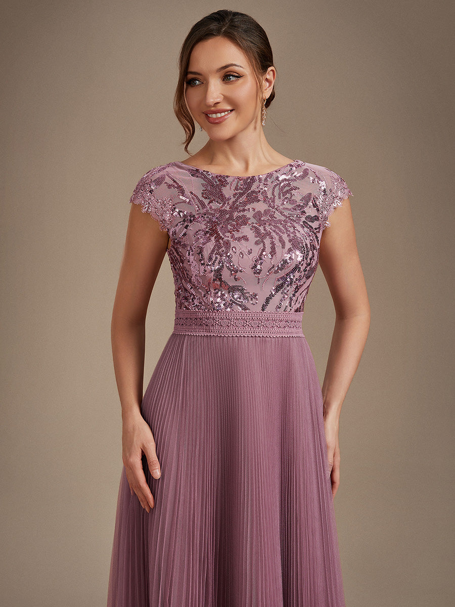 Tea L?nge Rundhals A Linie Pailletten Kleid Mit Sonnenstrahlen Falten Und Durchsichtigen Details Kleid #Farbe_Orchideenviolett