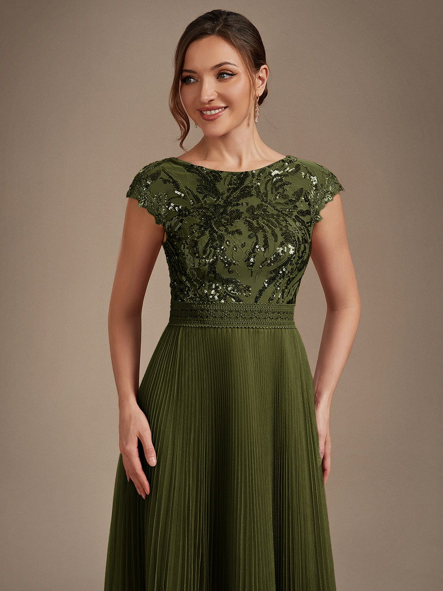 Tea L?nge Rundhals A Linie Pailletten Kleid Mit Sonnenstrahlen Falten Und Durchsichtigen Details Kleid #Farbe_Olivgrün