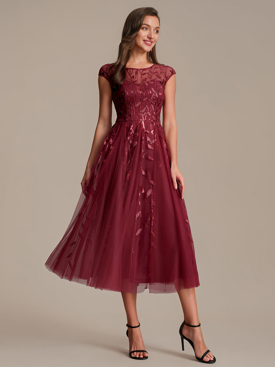 Tea L?nge A Linie Kleid Mit Rundhalsausschnitt Transparente Gestaltung Und Pailletten Kleid #Farbe_Burgunderrot