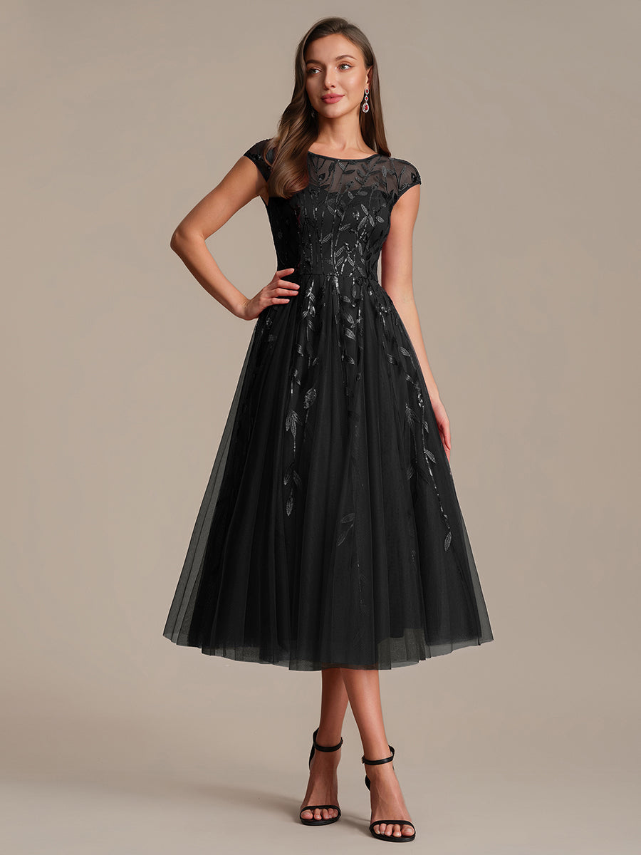 Tea L?nge A Linie Kleid Mit Rundhalsausschnitt Transparente Gestaltung Und Pailletten Kleid #Farbe_Schwarz