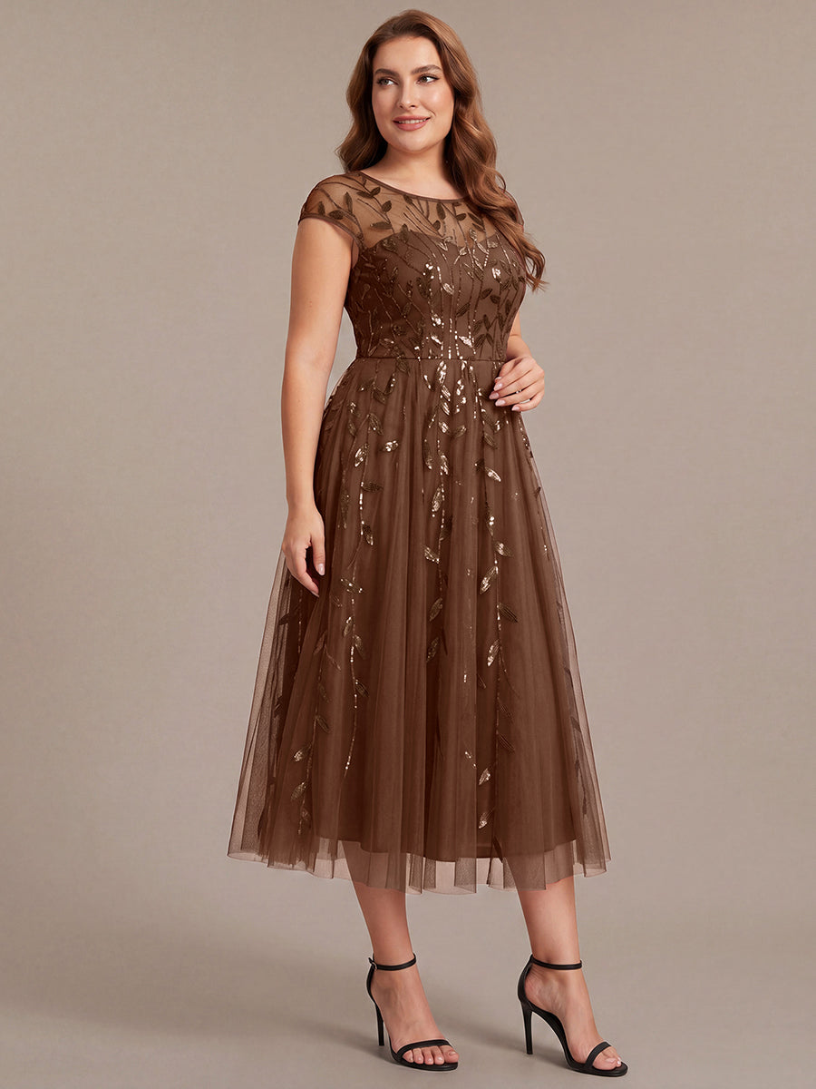 Tea L?nge A Linie Kleid Mit Rundhalsausschnitt Transparente Gestaltung Und Pailletten Kleid #Farbe_Braun