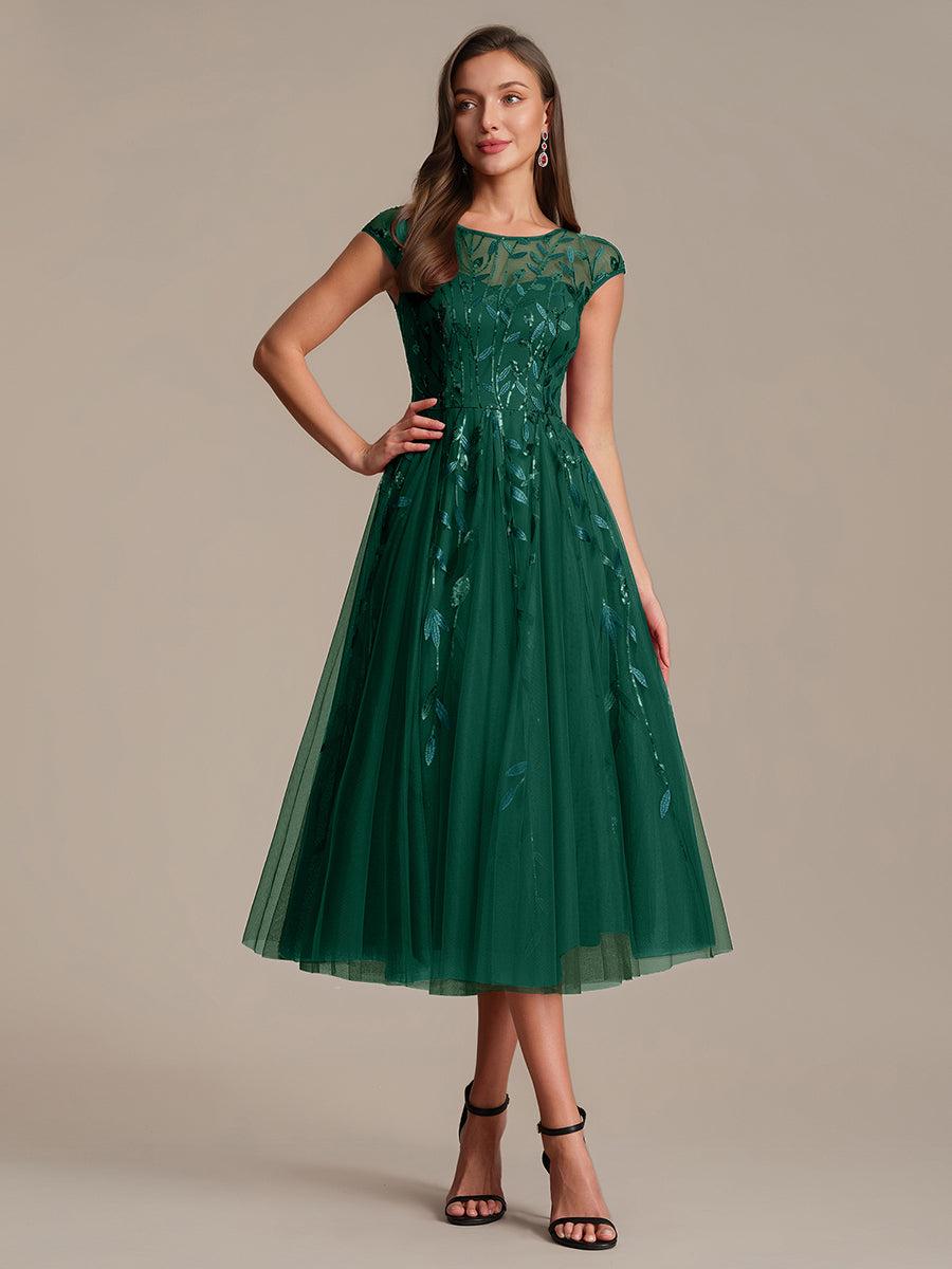 Tea L?nge A Linie Kleid Mit Rundhalsausschnitt Transparente Gestaltung Und Pailletten Kleid #Farbe_Vert Fonce