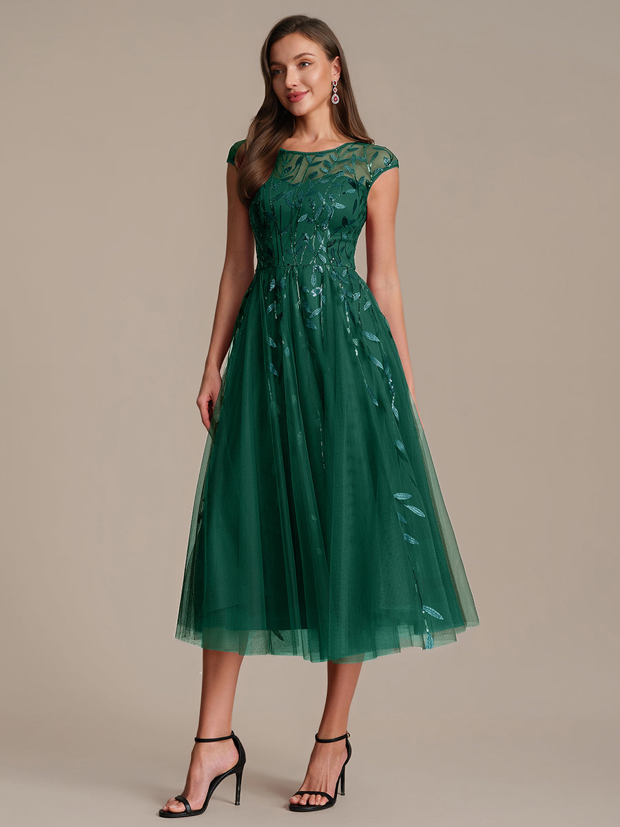 Tea L?nge A Linie Kleid Mit Rundhalsausschnitt Transparente Gestaltung Und Pailletten Kleid #Farbe_Vert Fonce