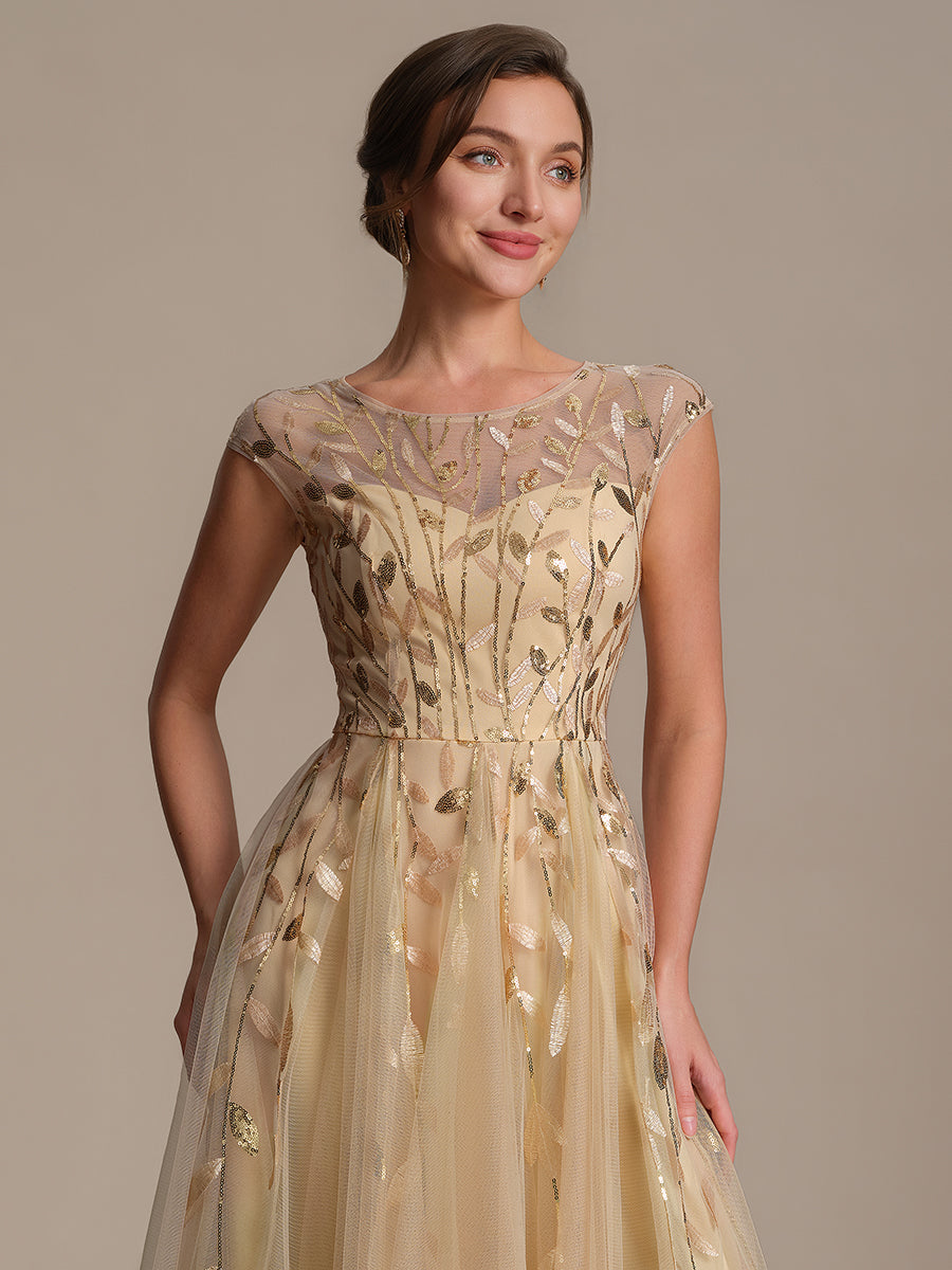 Tea L?nge A Linie Kleid Mit Rundhalsausschnitt Transparente Gestaltung Und Pailletten Kleid #Farbe_Gold