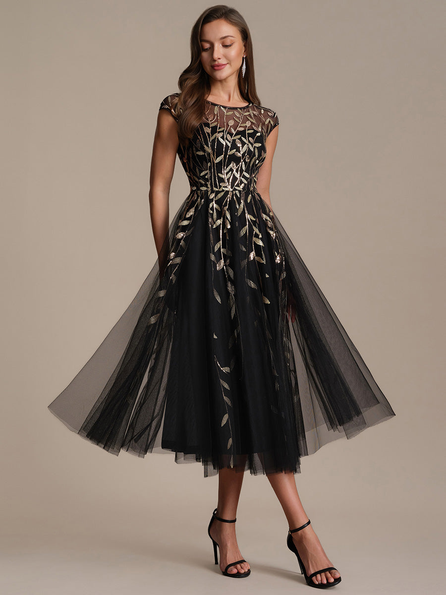 Tea L?nge A Linie Kleid Mit Rundhalsausschnitt Transparente Gestaltung Und Pailletten Kleid #Farbe_Schwarz & Gold