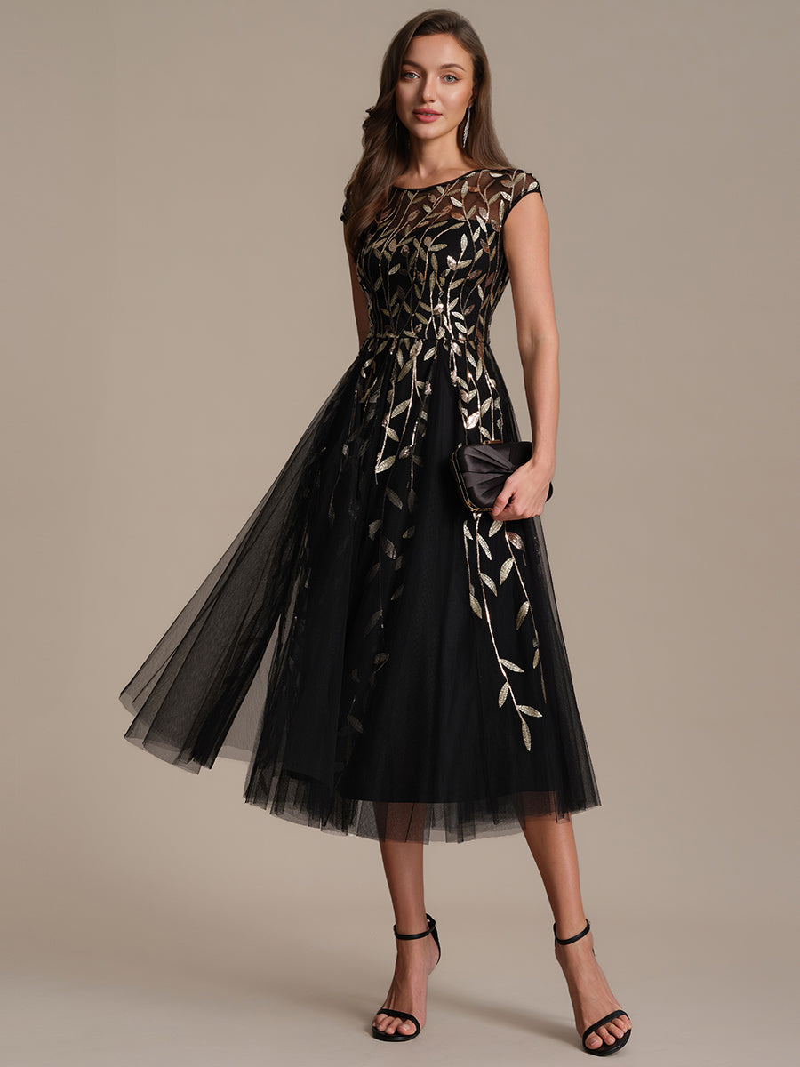 Tea L?nge A Linie Kleid Mit Rundhalsausschnitt Transparente Gestaltung Und Pailletten Kleid #Farbe_Schwarz & Gold