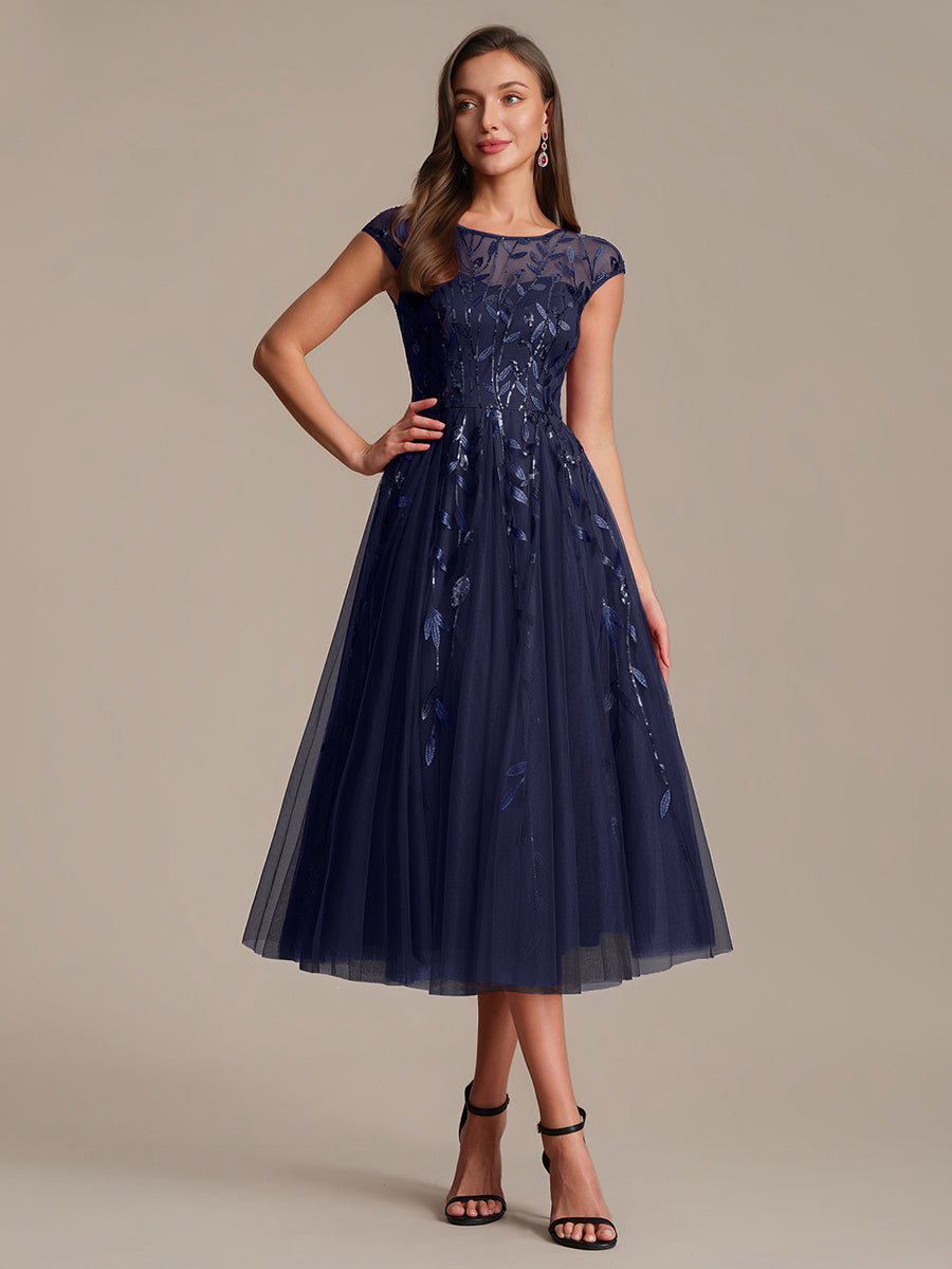 Tea L?nge A Linie Kleid Mit Rundhalsausschnitt Transparente Gestaltung Und Pailletten Kleid #Farbe_Marineblau