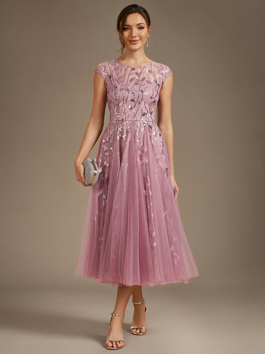 Tea L?nge A Linie Kleid Mit Rundhalsausschnitt Transparente Gestaltung Und Pailletten Kleid #Farbe_Orchideenviolett