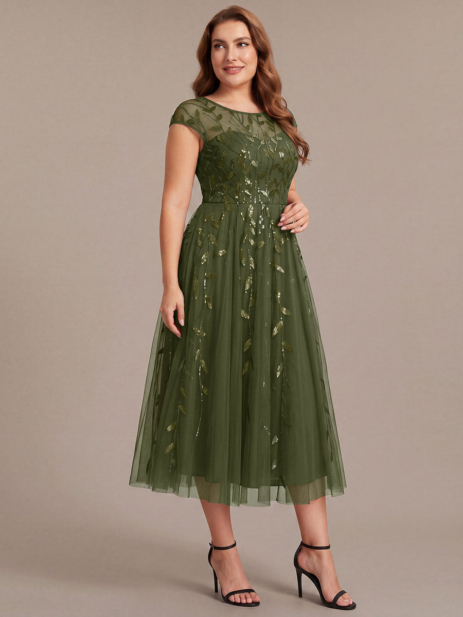 Tea L?nge A Linie Kleid Mit Rundhalsausschnitt Transparente Gestaltung Und Pailletten Kleid #Farbe_Olivgrün