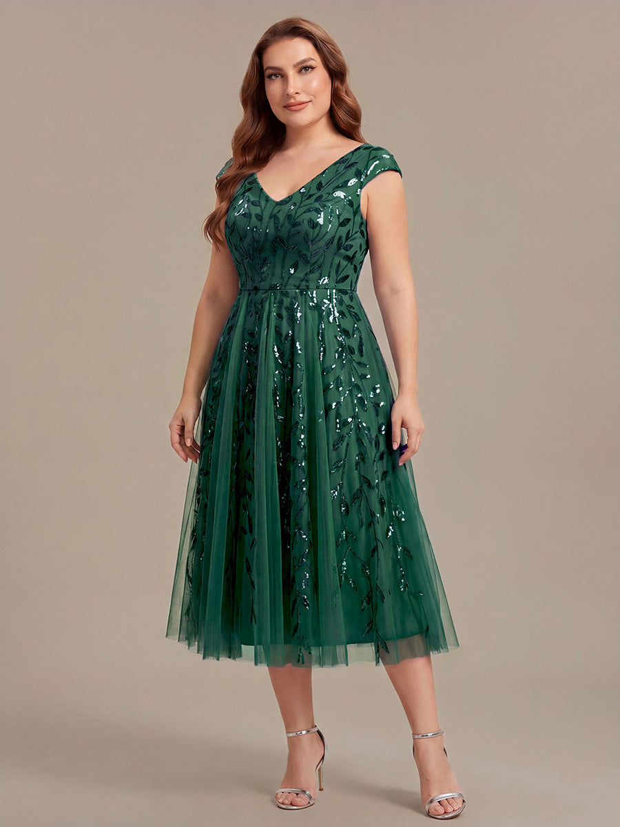 Midi Pailletten A-Linie Kleid Mit V-Ausschnitt Und Patchwork Details #Farbe_Dunkelgrün