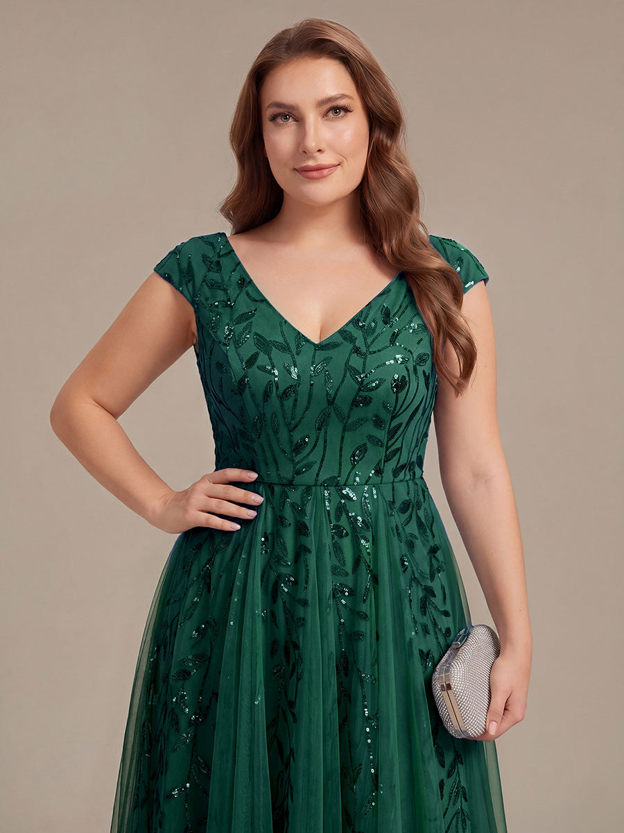 Midi Pailletten A-Linie Kleid Mit V-Ausschnitt Und Patchwork Details #Farbe_Dunkelgrün