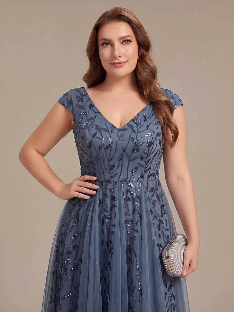 Midi Pailletten A-Linie Kleid Mit V-Ausschnitt Und Patchwork Details #Farbe_Taubenblau