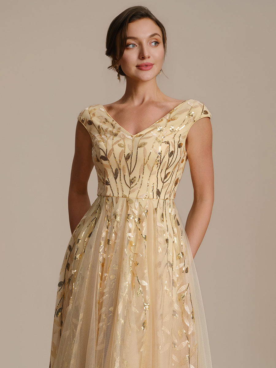 Midi Pailletten A-Linie Kleid Mit V-Ausschnitt Und Patchwork Details #Farbe_Gold