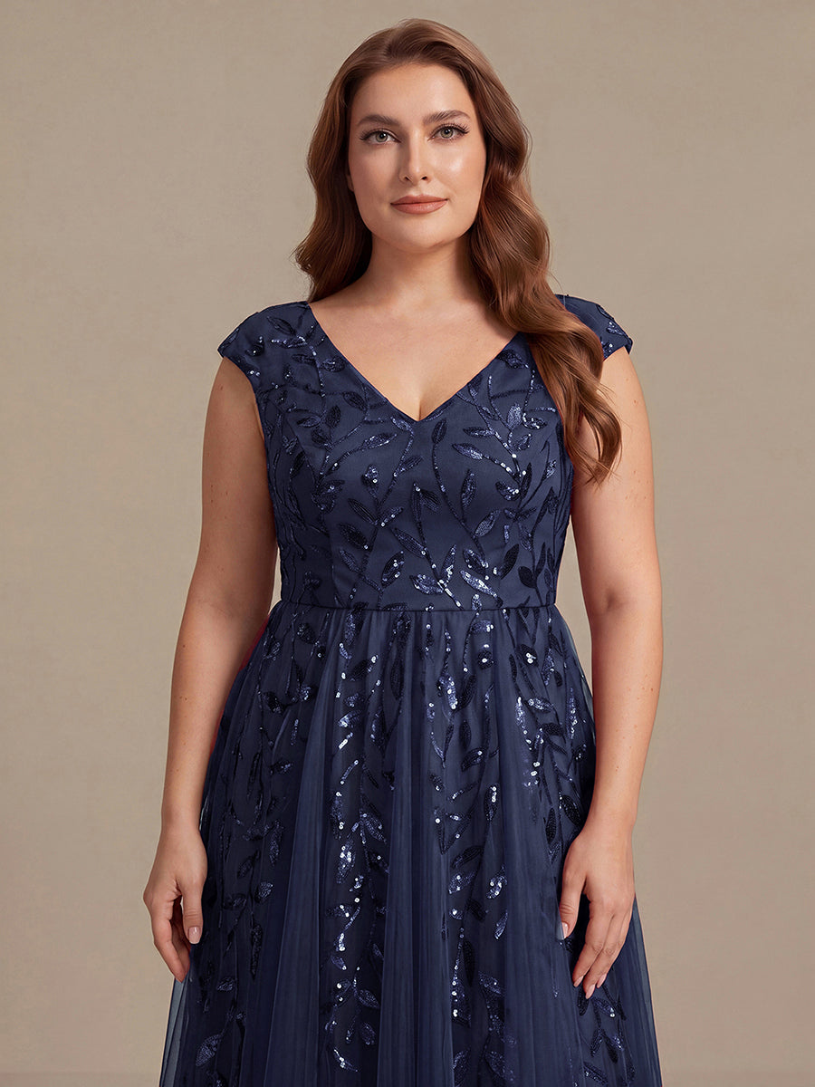 Midi Pailletten A-Linie Kleid Mit V-Ausschnitt Und Patchwork Details #Farbe_Marineblau