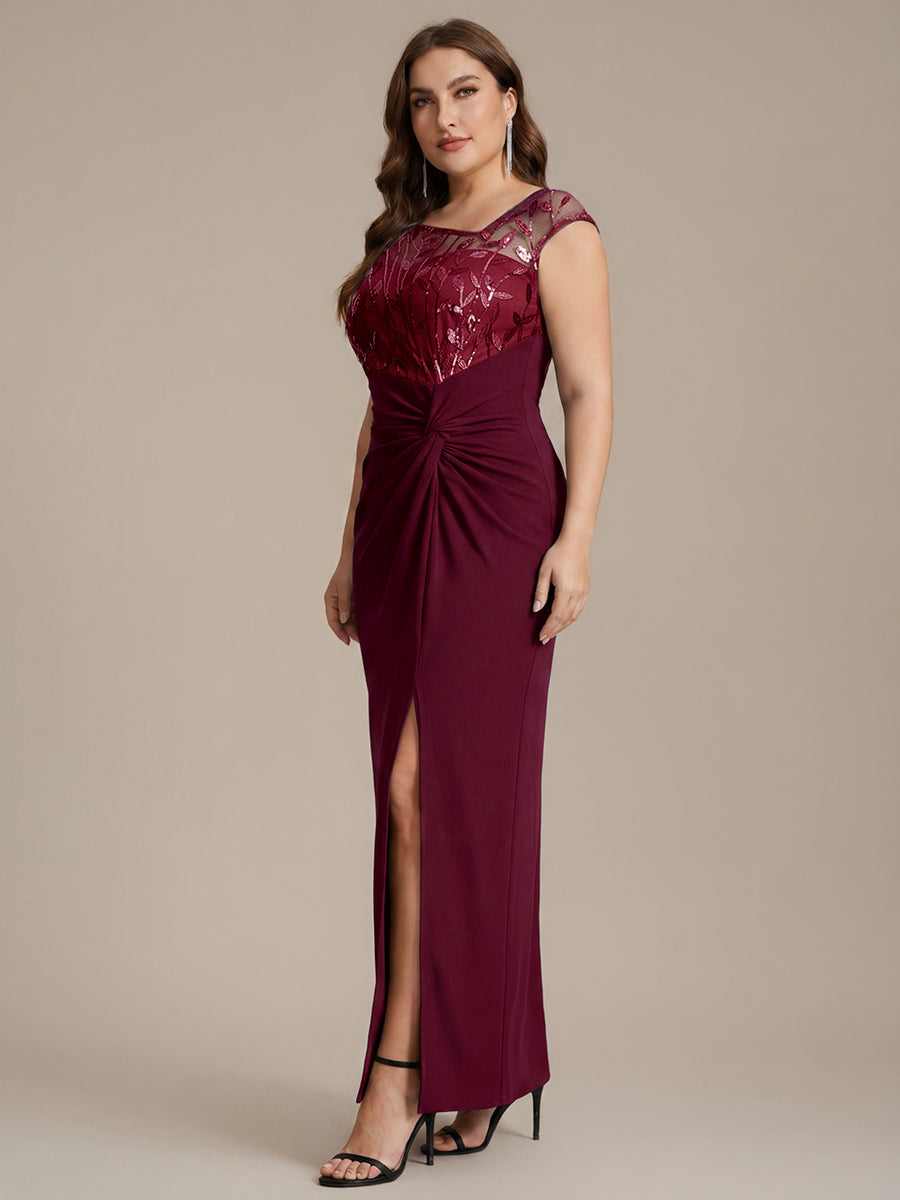 Maxi Asymmetrisches Bodycon Krepp Kleid Mit Oberschenkel Hohem Schlitz Und Pailletten Details Kleid #Farbe_Burgunderrot