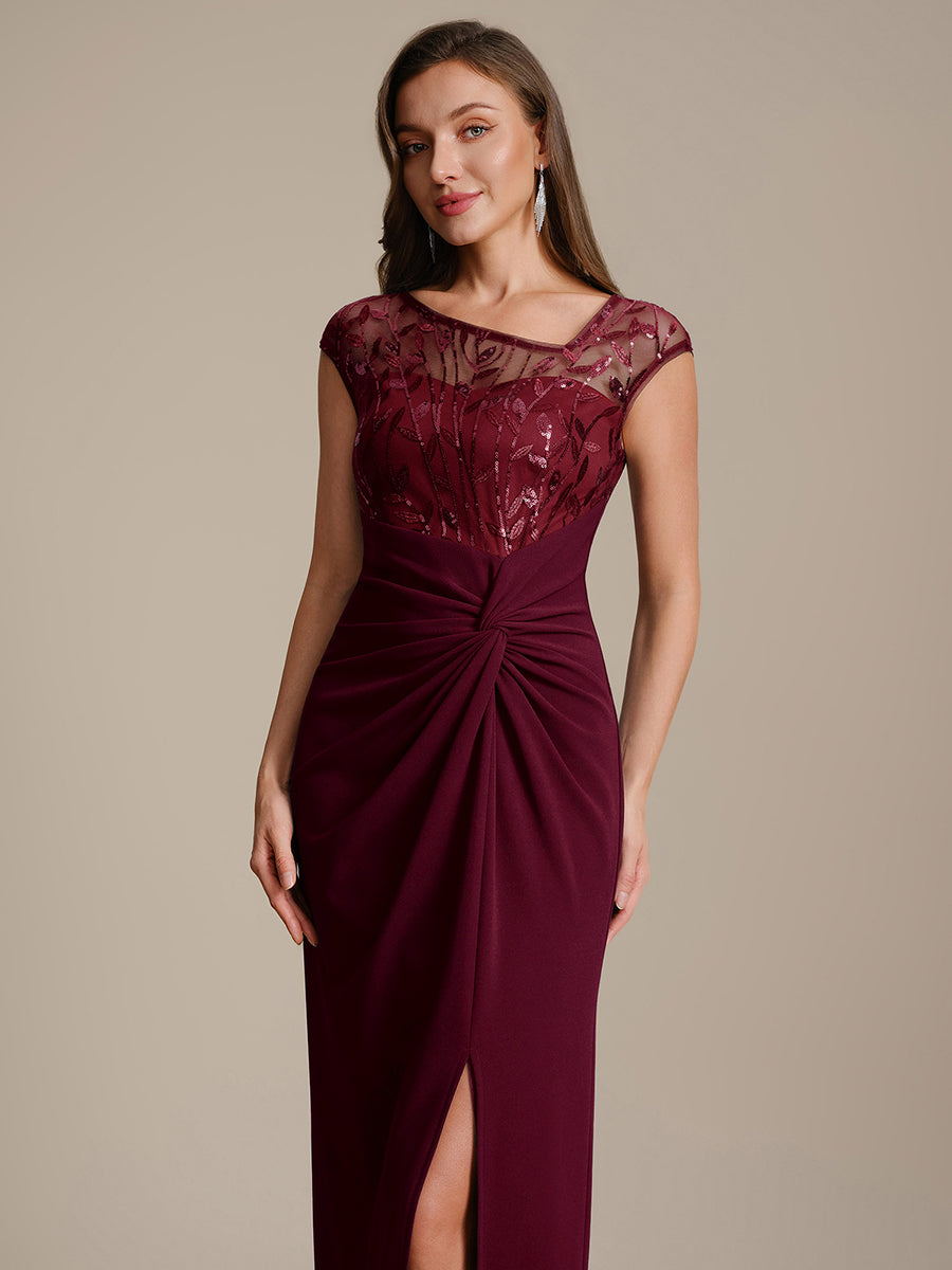 Maxi Asymmetrisches Bodycon Krepp Kleid Mit Oberschenkel Hohem Schlitz Und Pailletten Details Kleid #Farbe_Burgunderrot