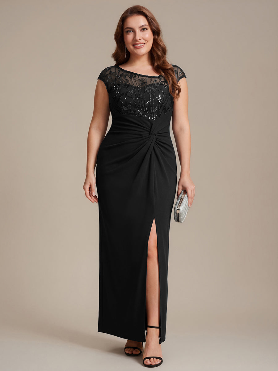 Maxi Asymmetrisches Bodycon Krepp Kleid Mit Oberschenkel Hohem Schlitz Und Pailletten Details Kleid #Farbe_Schwarz