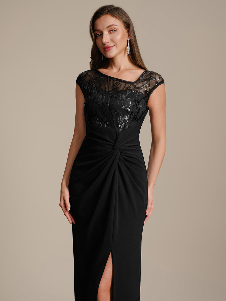 Maxi Asymmetrisches Bodycon Krepp Kleid Mit Oberschenkel Hohem Schlitz Und Pailletten Details Kleid #Farbe_Schwarz
