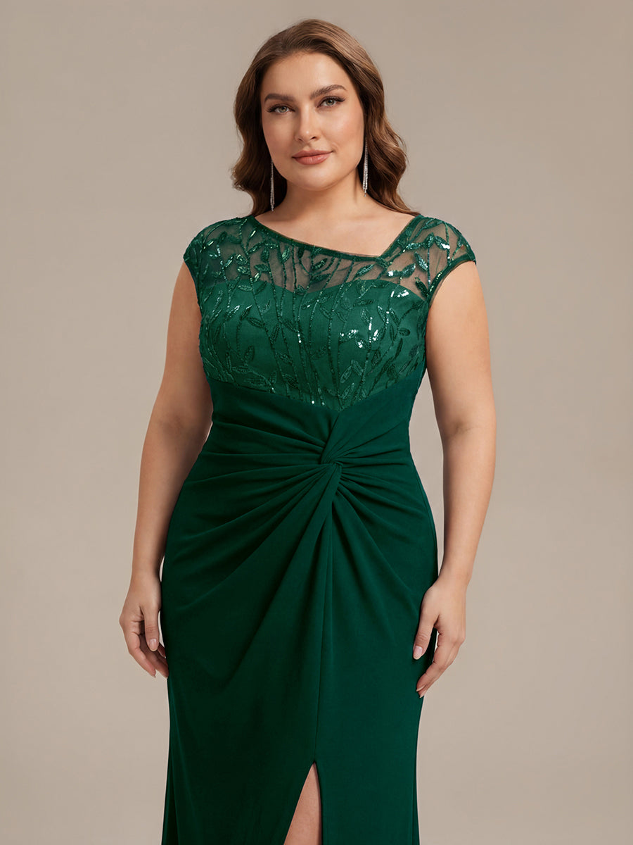 Maxi Asymmetrisches Bodycon Krepp Kleid Mit Oberschenkel Hohem Schlitz Und Pailletten Details Kleid #Farbe_Dunkelgrün