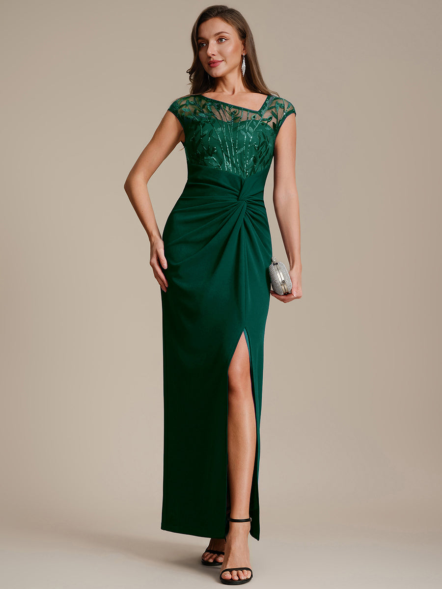 Maxi Asymmetrisches Bodycon Krepp Kleid Mit Oberschenkel Hohem Schlitz Und Pailletten Details Kleid #Farbe_Dunkelgrün