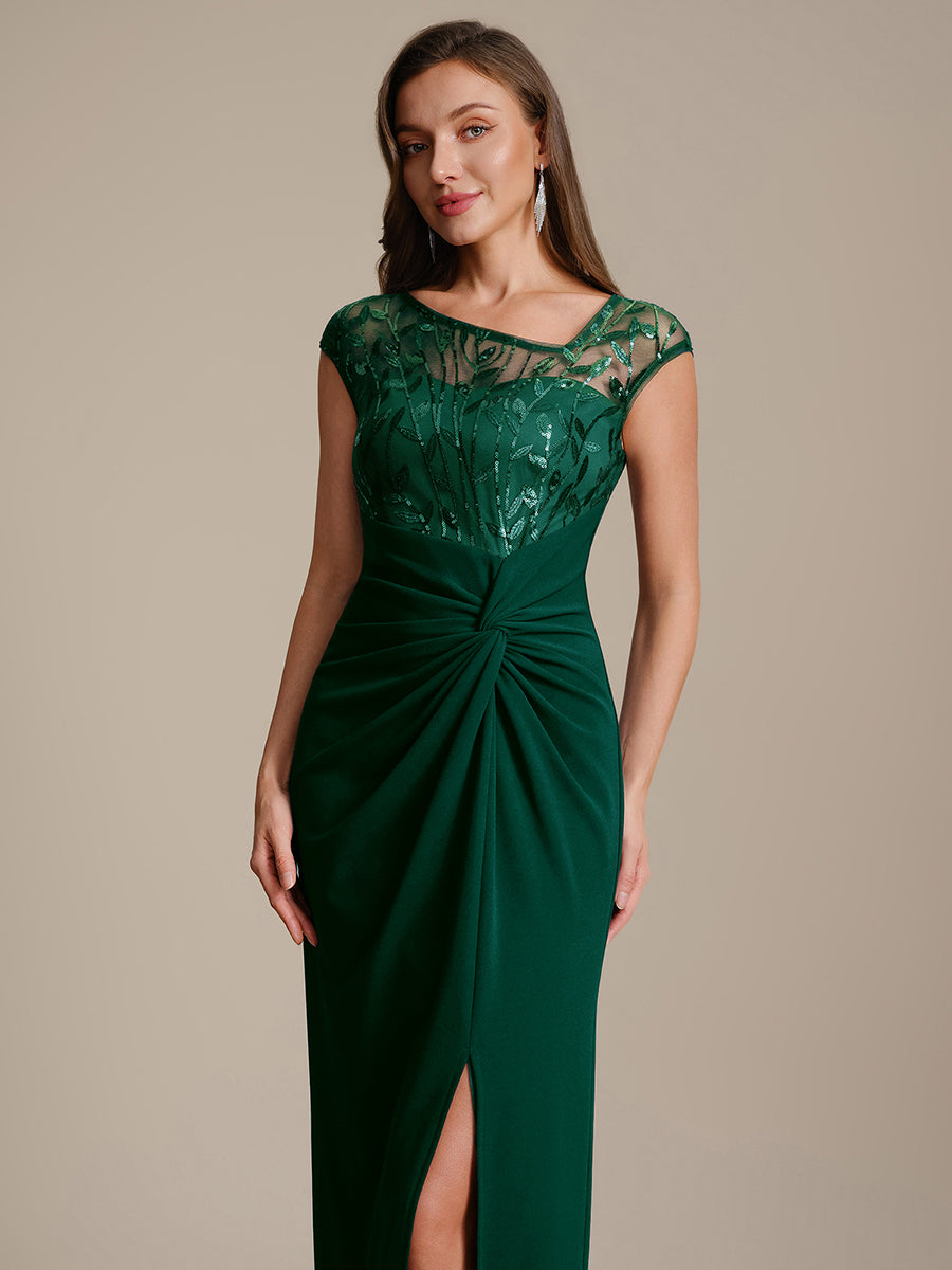 Maxi Asymmetrisches Bodycon Krepp Kleid Mit Oberschenkel Hohem Schlitz Und Pailletten Details Kleid #Farbe_Dunkelgrün