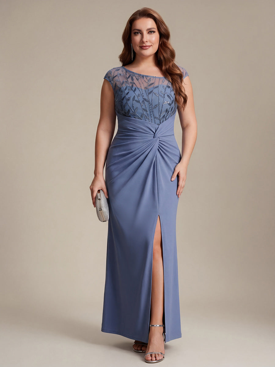 Maxi Asymmetrisches Bodycon Krepp Kleid Mit Oberschenkel Hohem Schlitz Und Pailletten Details Kleid #Farbe_Taubenblau