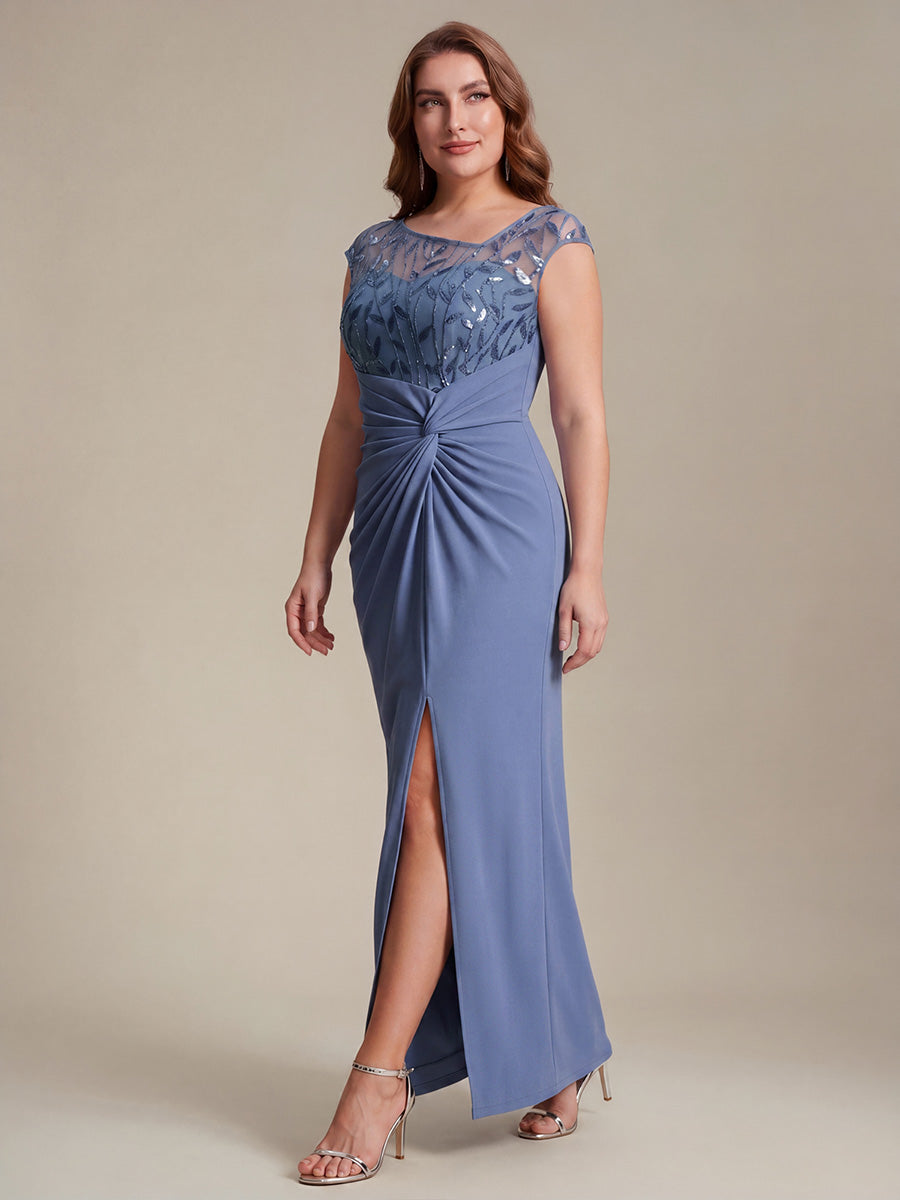 Maxi Asymmetrisches Bodycon Krepp Kleid Mit Oberschenkel Hohem Schlitz Und Pailletten Details Kleid #Farbe_Taubenblau