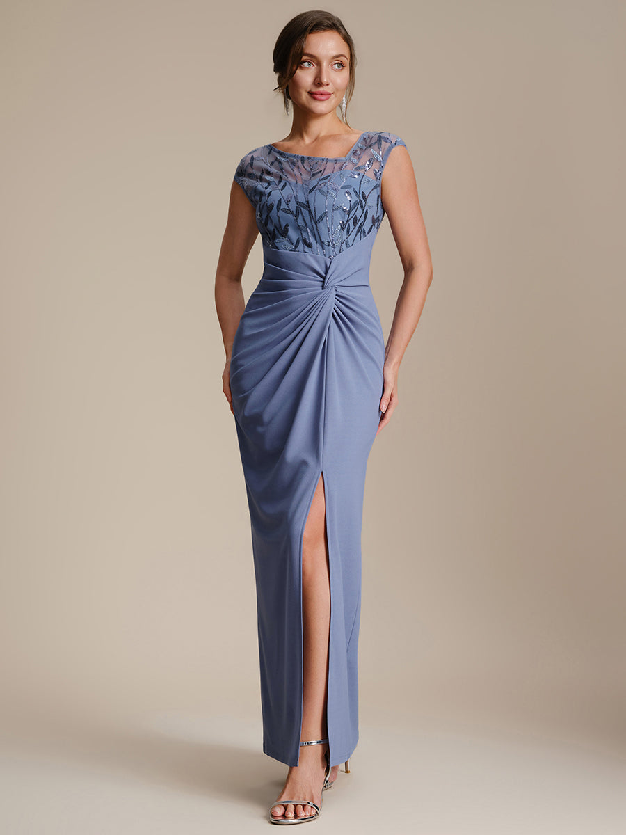 Maxi Asymmetrisches Bodycon Krepp Kleid Mit Oberschenkel Hohem Schlitz Und Pailletten Details Kleid #Farbe_Taubenblau
