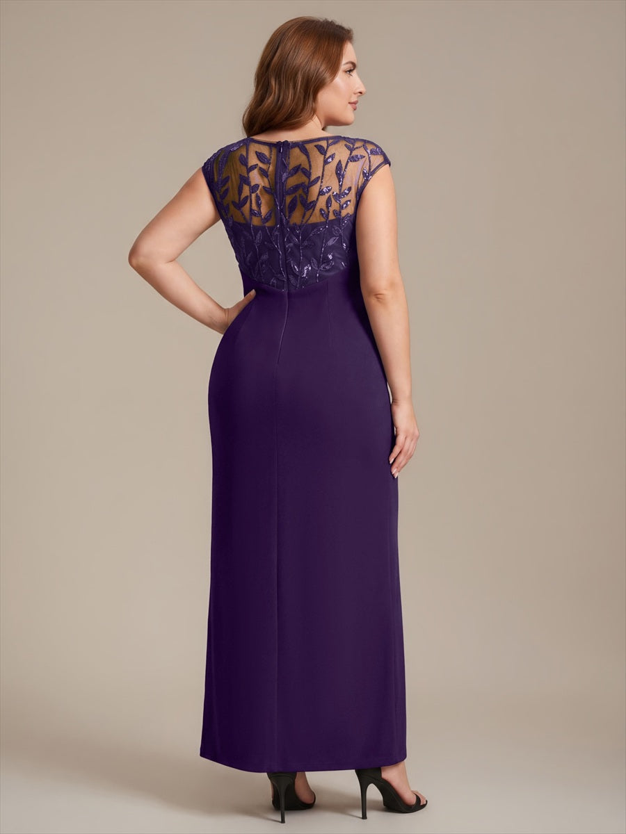 Maxi Asymmetrisches Bodycon Krepp Kleid Mit Oberschenkel Hohem Schlitz Und Pailletten Details Kleid #Farbe_Dunkelviolett