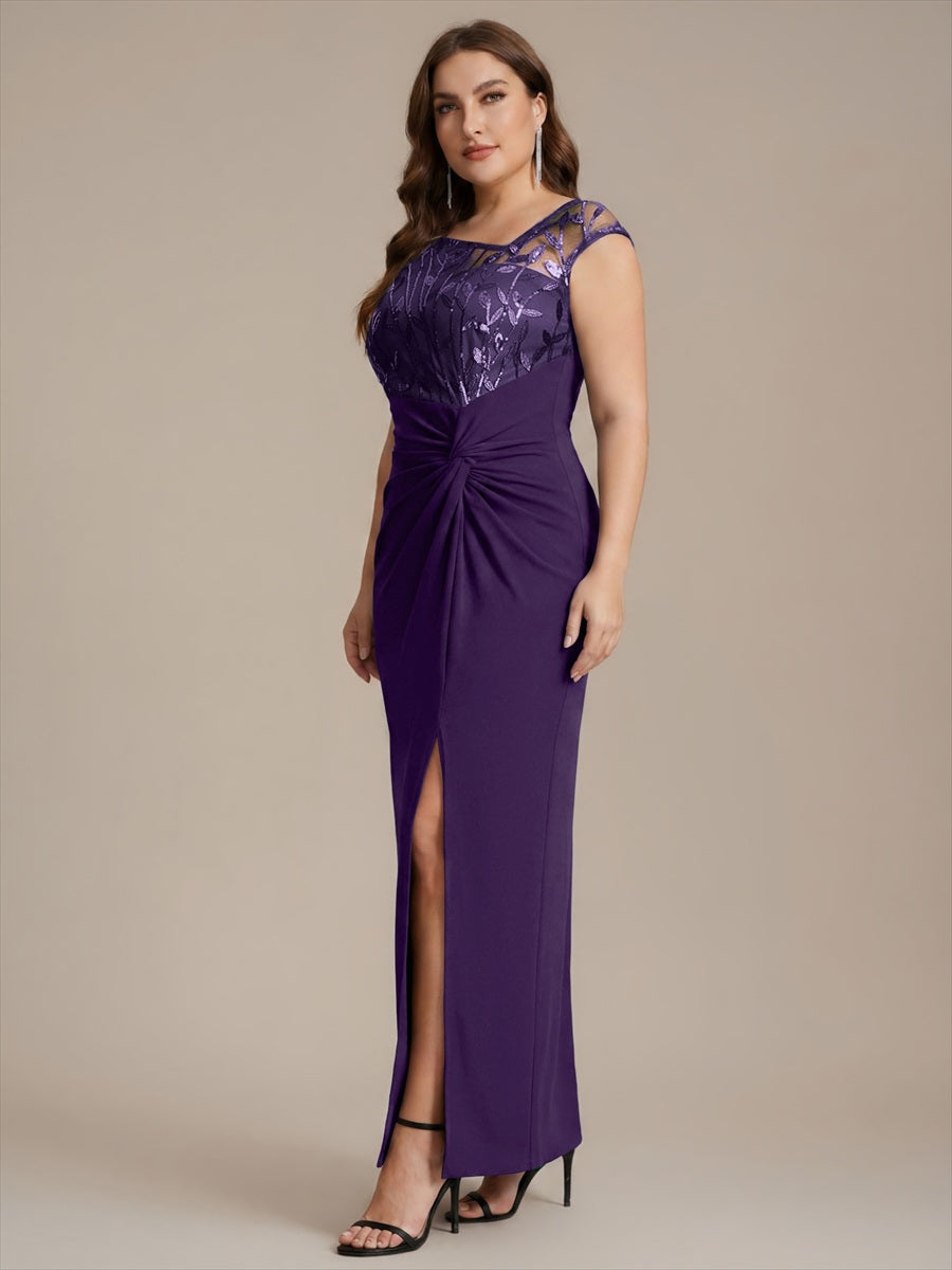 Maxi Asymmetrisches Bodycon Krepp Kleid Mit Oberschenkel Hohem Schlitz Und Pailletten Details Kleid #Farbe_Dunkelviolett