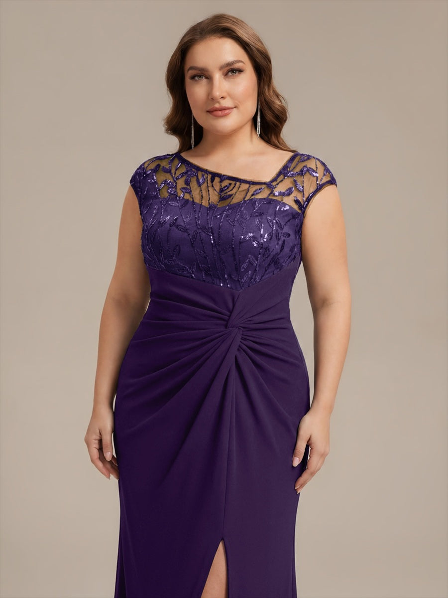 Maxi Asymmetrisches Bodycon Krepp Kleid Mit Oberschenkel Hohem Schlitz Und Pailletten Details Kleid #Farbe_Dunkelviolett