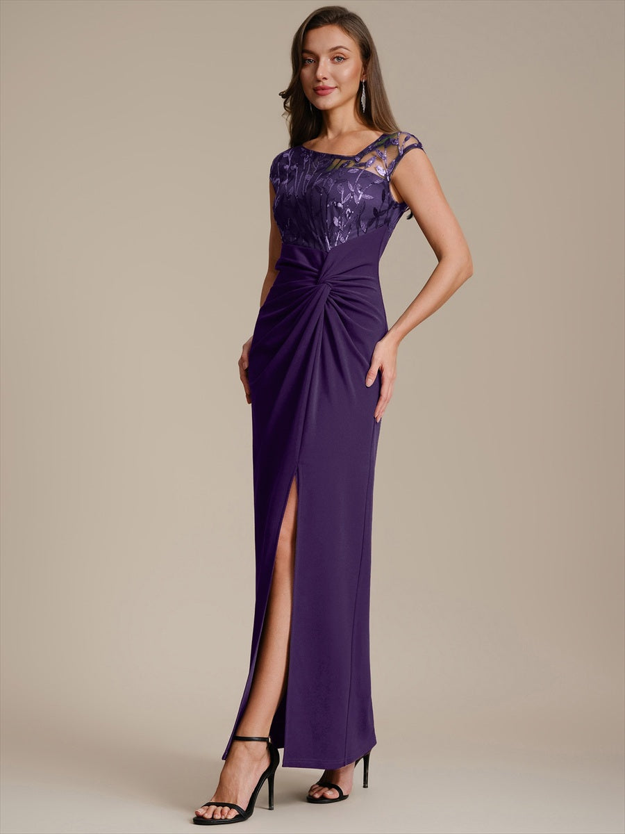 Maxi Asymmetrisches Bodycon Krepp Kleid Mit Oberschenkel Hohem Schlitz Und Pailletten Details Kleid #Farbe_Dunkelviolett