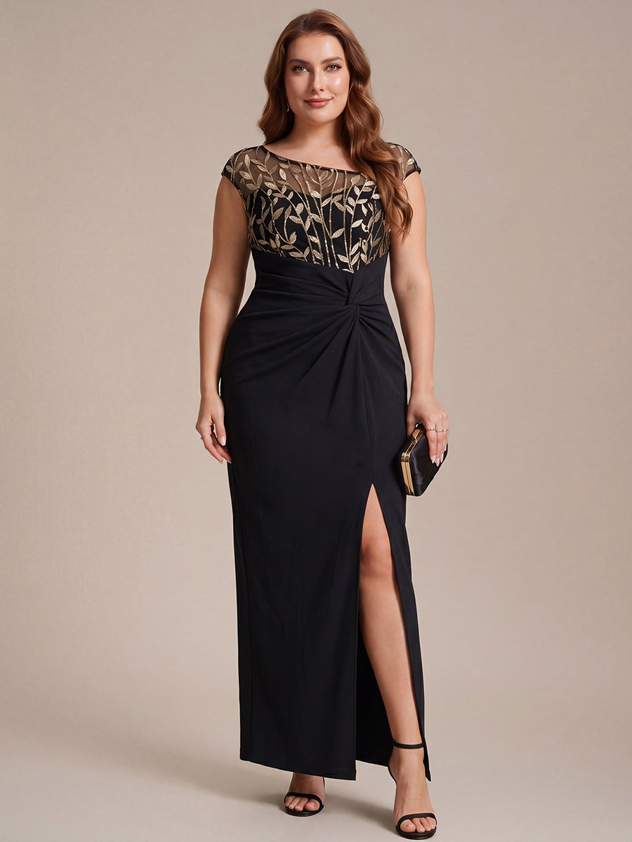 Maxi Asymmetrisches Bodycon Krepp Kleid Mit Oberschenkel Hohem Schlitz Und Pailletten Details Kleid #Farbe_Schwarz & Gold