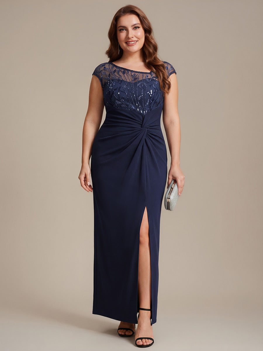 Maxi Asymmetrisches Bodycon Krepp Kleid Mit Oberschenkel Hohem Schlitz Und Pailletten Details Kleid #Farbe_Marineblau