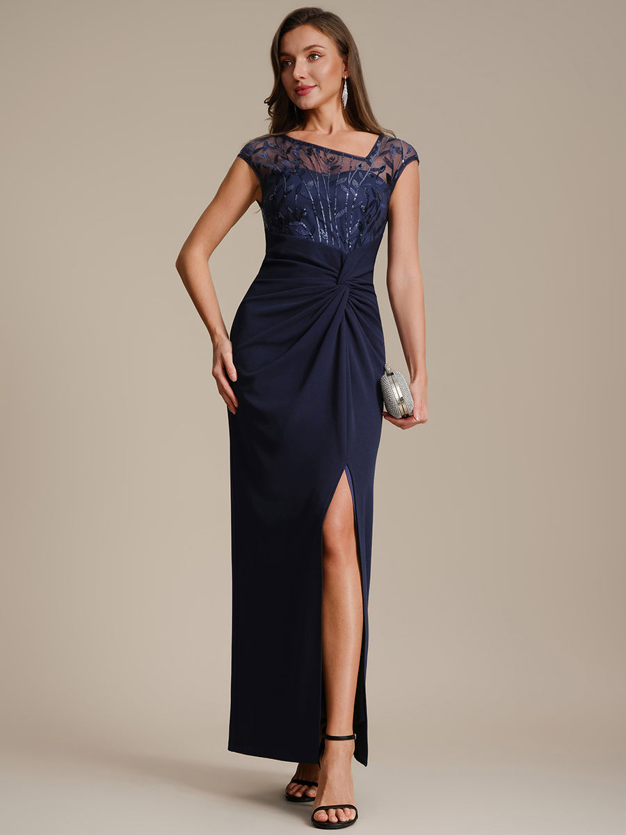 Maxi Asymmetrisches Bodycon Krepp Kleid Mit Oberschenkel Hohem Schlitz Und Pailletten Details Kleid #Farbe_Marineblau