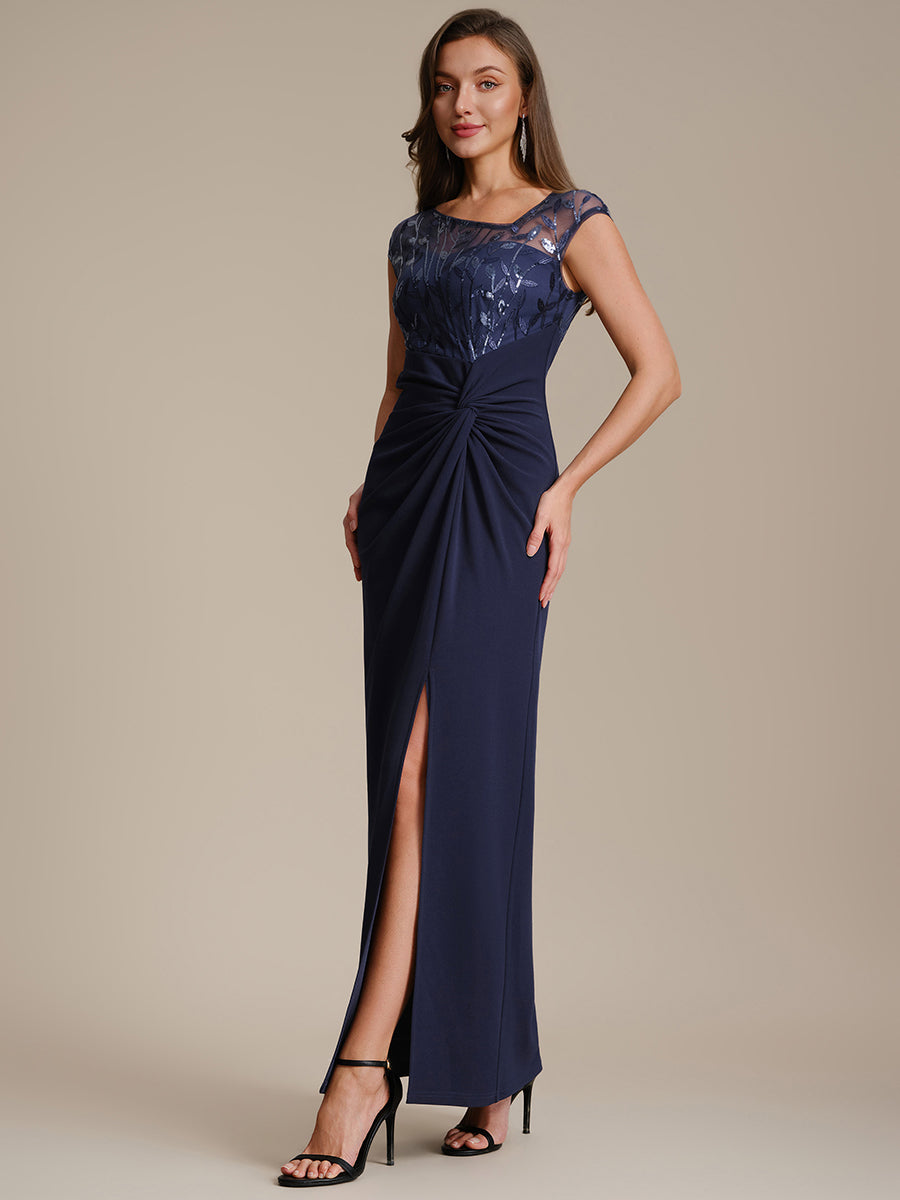 Maxi Asymmetrisches Bodycon Krepp Kleid Mit Oberschenkel Hohem Schlitz Und Pailletten Details Kleid #Farbe_Marineblau