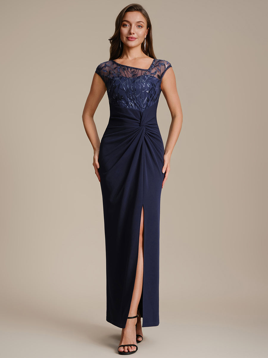Maxi Asymmetrisches Bodycon Krepp Kleid Mit Oberschenkel Hohem Schlitz Und Pailletten Details Kleid #Farbe_Marineblau