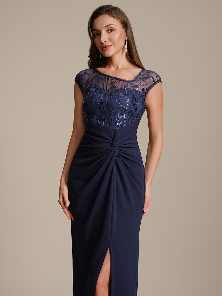 Maxi Asymmetrisches Bodycon Krepp Kleid Mit Oberschenkel Hohem Schlitz Und Pailletten Details Kleid #Farbe_Marineblau