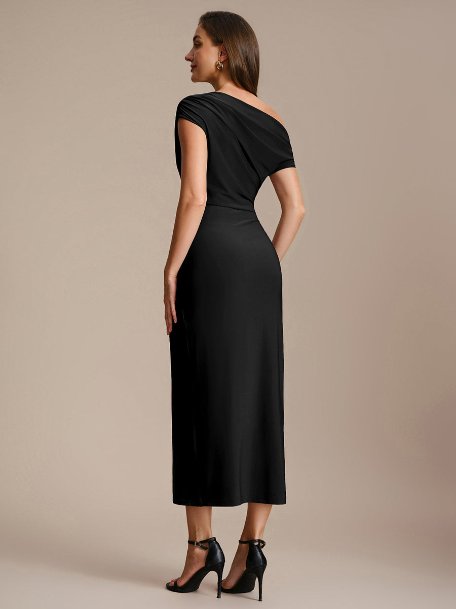 Midi Tea L?nge Schulterfreier Ausschnitt Figurbetont Kleid Aus Mesh Mit Schlitz #Farbe_Schwarz
