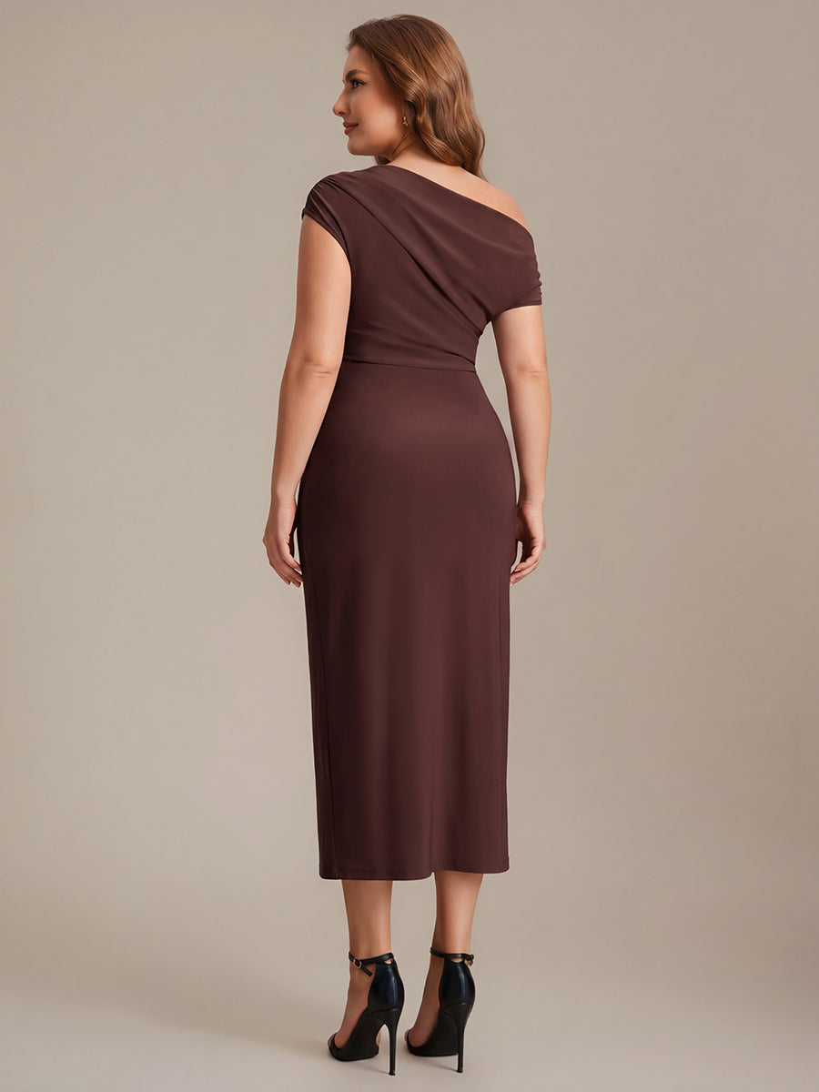 Midi Tea L?nge Schulterfreier Ausschnitt Figurbetont Kleid Aus Mesh Mit Schlitz #Farbe_Chocolate Brown
