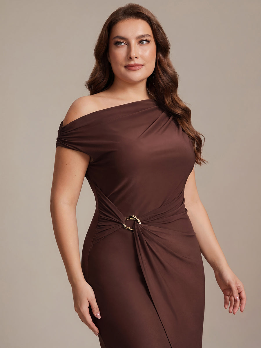 Midi Tea L?nge Schulterfreier Ausschnitt Figurbetont Kleid Aus Mesh Mit Schlitz #Farbe_Chocolate Brown