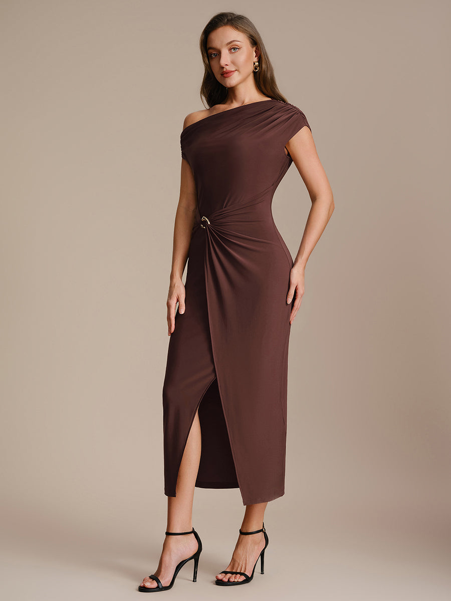 Midi Tea L?nge Schulterfreier Ausschnitt Figurbetont Kleid Aus Mesh Mit Schlitz #Farbe_Chocolate Brown