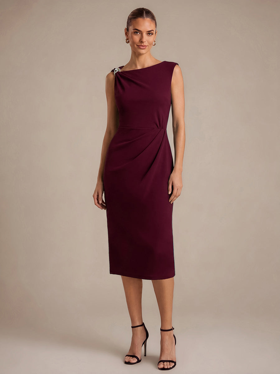 Midi Tea L?nge Etui Kleid Asymmetrischer Ausschnitt Krepp Elegante Passform Besondere Anl?sse #Farbe_Burgunderrot