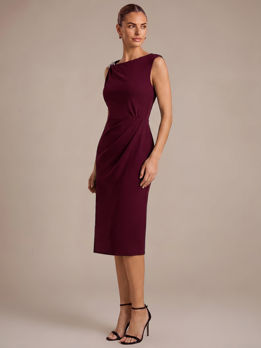 Midi Tea L?nge Etui Kleid Asymmetrischer Ausschnitt Krepp Elegante Passform Besondere Anl?sse #Farbe_Burgunderrot