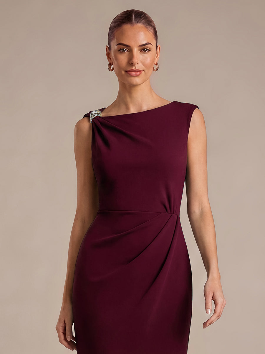 Midi Tea L?nge Etui Kleid Asymmetrischer Ausschnitt Krepp Elegante Passform Besondere Anl?sse #Farbe_Burgunderrot