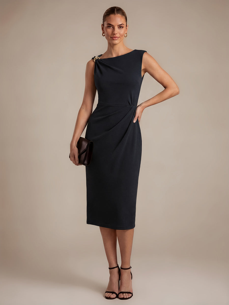 Midi Tea L?nge Etui Kleid Asymmetrischer Ausschnitt Krepp Elegante Passform Besondere Anl?sse #Farbe_Schwarz