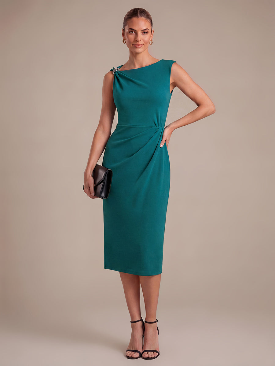 Midi Tea L?nge Etui Kleid Asymmetrischer Ausschnitt Krepp Elegante Passform Besondere Anl?sse #Farbe_Petrol